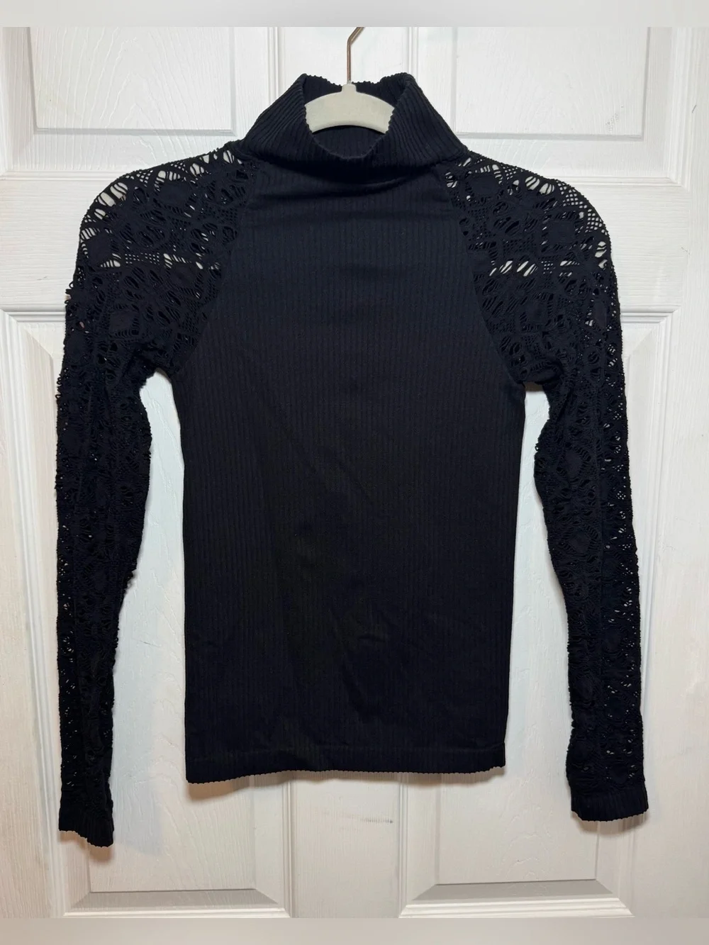 Intimately Free People Black Ribbed Fitted turtleneck Top Long Lace Sleeves